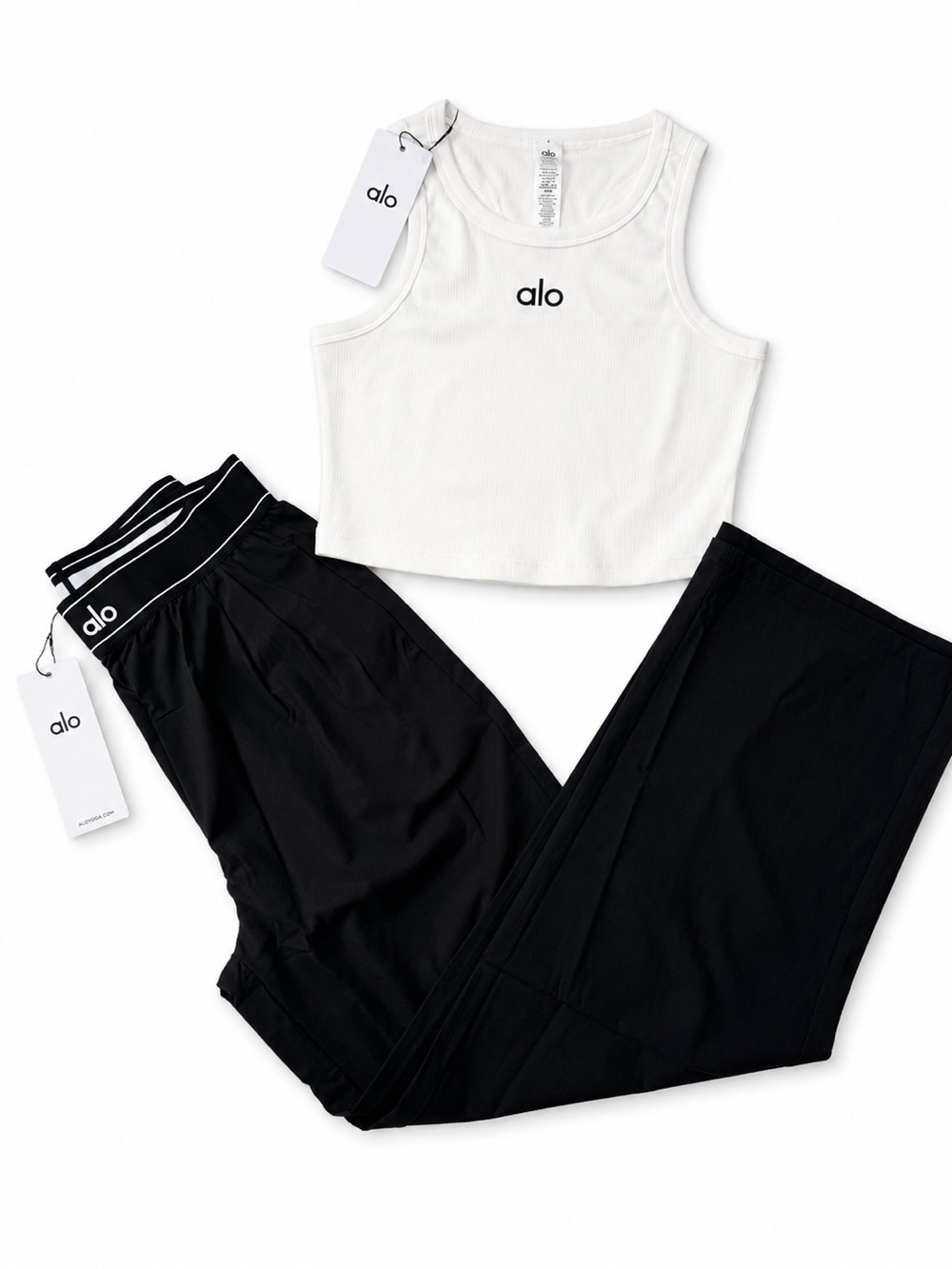 ALO Yoga White Ribbed Crop Tank with Black Lounge Pants Set